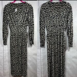 Zara Womens Pleated Animal Print Midi Dress Ruched Long Sleeves Feminine Flowy
